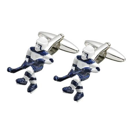 Blue and White Hockey Player Steel Cufflinks - Click Image to Close